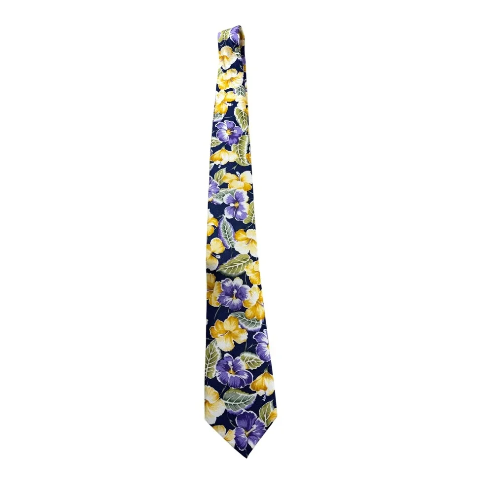 Lauren Ralph Lauren Mens Silk Tie Navy Purple Yellow Tropical Floral Hibiscus